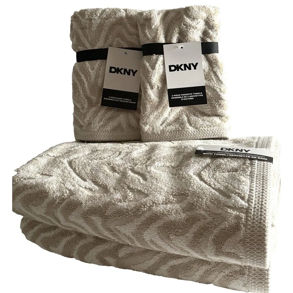 DKNY Zebra Striped 6 Pc Towel Set Beige White 2 Bath Towels 2 Hand 2 Fingertip